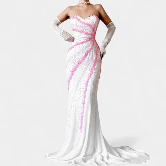 Vintage White Pink Beaded Strapless Bodycon Maxi Prom Dress Size S/M - Picture 1 of 8